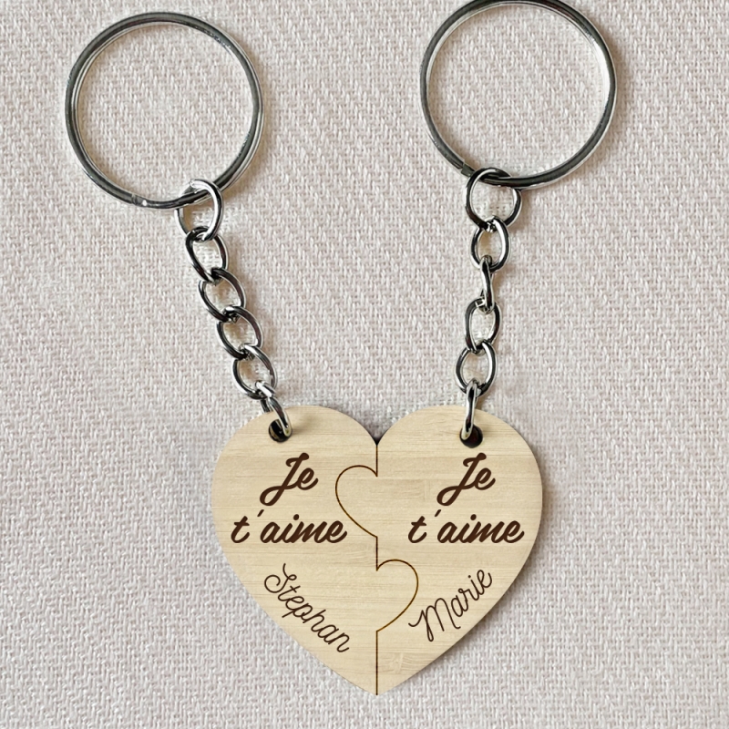 Porte-clés cœur en bois personnalisé - Duo Je t'Aime
