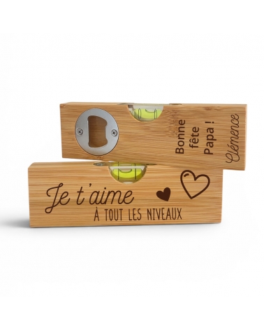 Décapsuleur personnalisé avec niveau à bulle gravé prénom et message personnalisé cadeau papa original